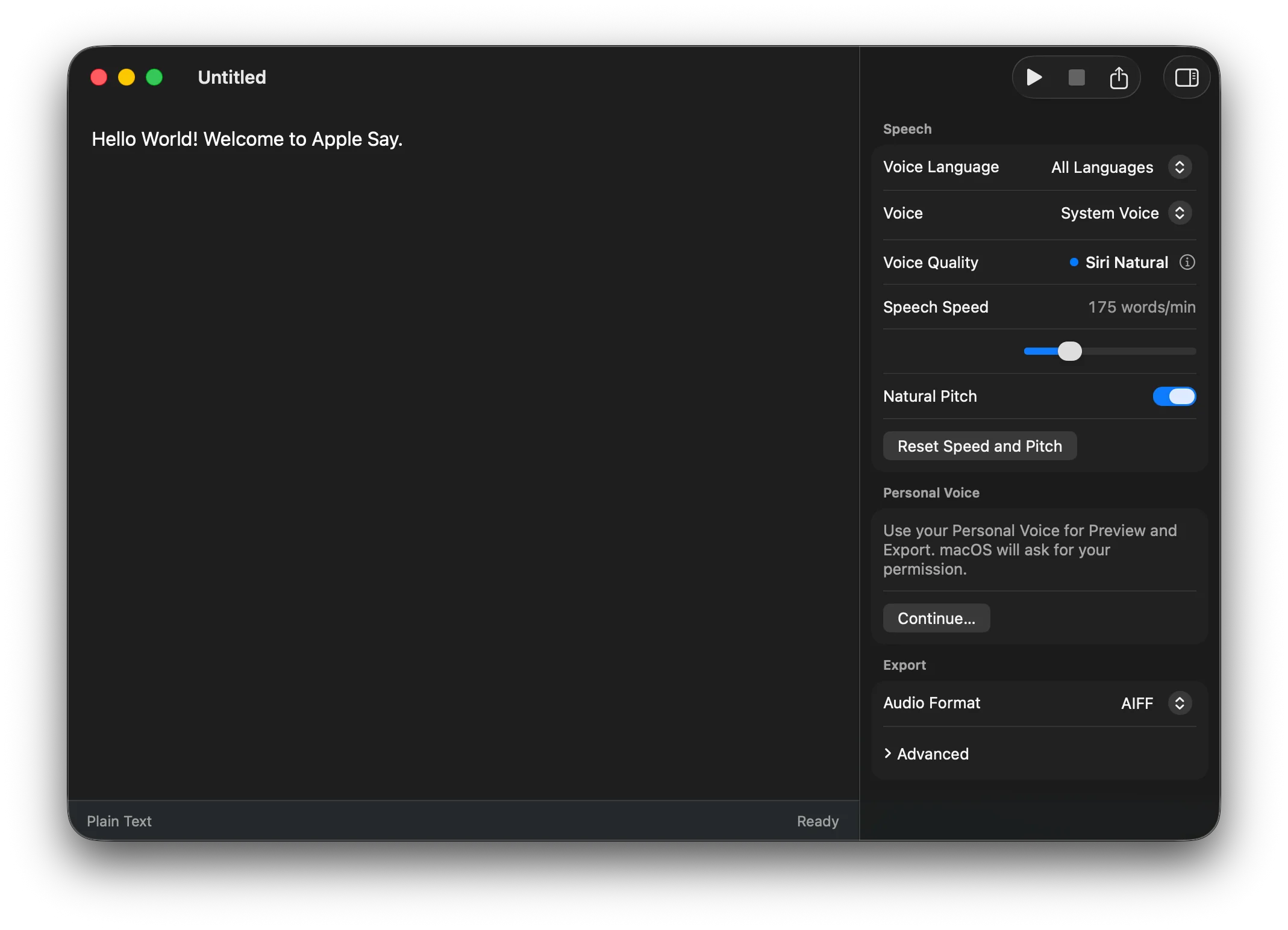 Apple Say main window with the text editor on the left and the Speech inspector on the right